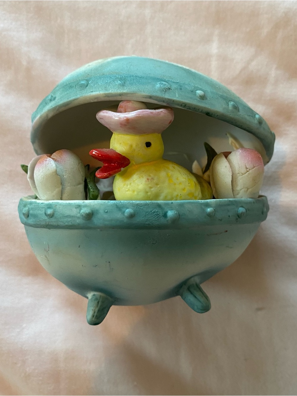 Vintage 1970s Lefton Porcelain Bisque Footed Duck Flower Easter Egg Figurine